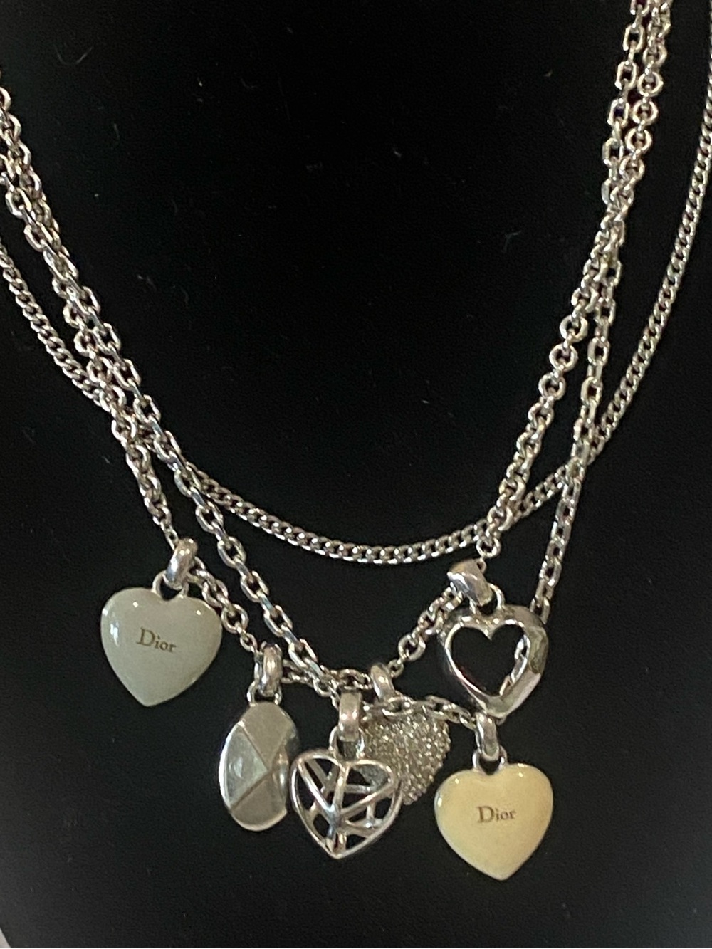 Dior Silver Multi-Charm Layered Heart Necklace • Hearts & Crystal Ball Pendant